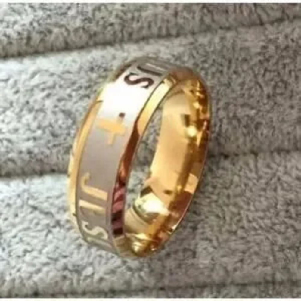Jesus Ring Christian Fish Cross Gold Steel Size Available 6, 7, 8, 9, 10 & 11